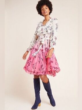 NWT Anthropologie Pink Floral Tiered Midi Dress with Ruffle Details 14